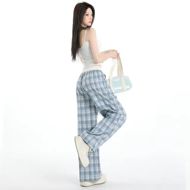 玫丝朵 美式新潮简约纹格设计松紧高腰宽松阔腿休闲裤 女款