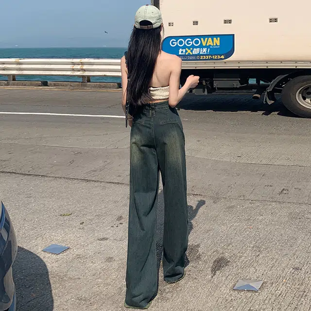 玫丝朵 美式复古设计感垂感阔腿拖地牛仔裤 女款