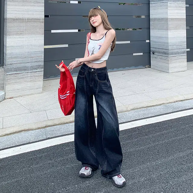 玫丝朵 美式复古刺绣弯刀直筒高腰阔腿宽松牛仔裤 女款