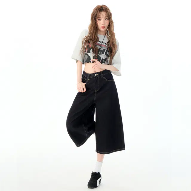玫丝朵 美式显瘦宽松阔腿高腰百搭牛仔短裤 女款