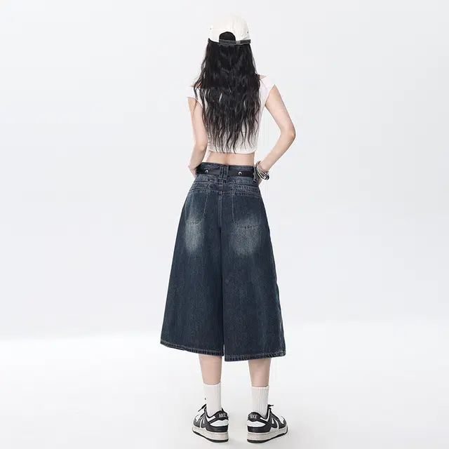 玫丝朵 美式复古高腰宽松七分直筒牛仔短裤  女款