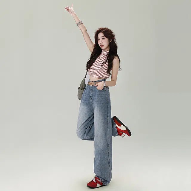 玫丝朵 美式复古高腰宽松直筒裤竹节纹面料简约百搭显瘦舒适休闲牛仔裤 女款