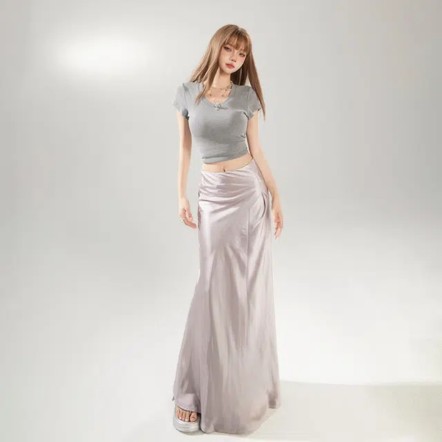 玫丝朵 流光极简丝滑垂感半身裙百搭修身休闲长裙 女款 紫色