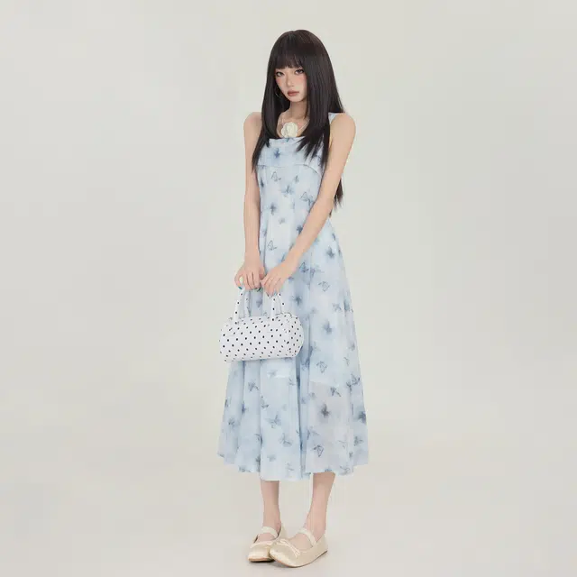 玫丝朵 蝴蝶印花水墨风设计感吊带连衣裙 女款 湖蓝 长裙