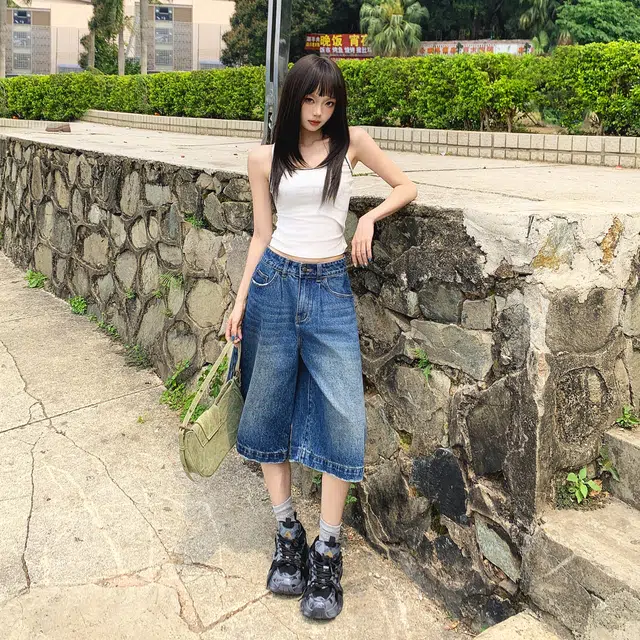 玫丝朵 美式复古低腰百搭直筒牛仔短裤 女款
