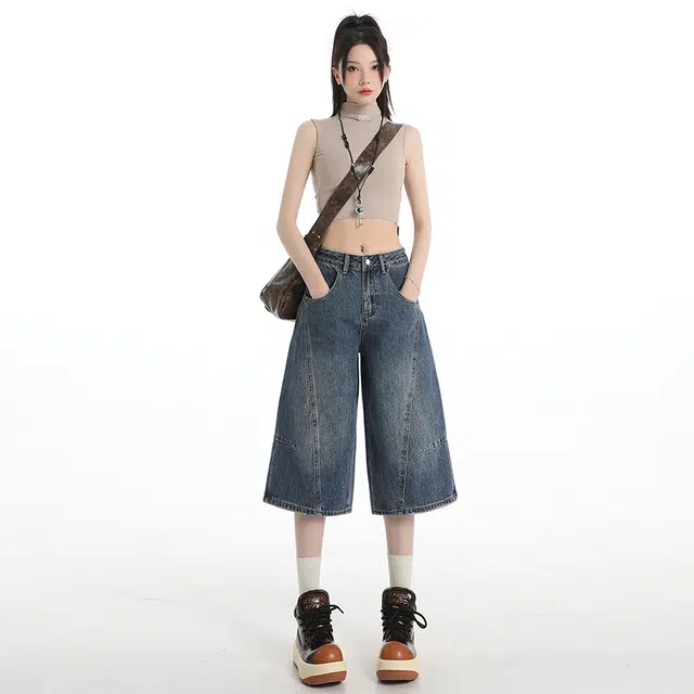 玫丝朵 美式复古高腰阔腿裤宽松百搭七分直筒牛仔短裤 女款