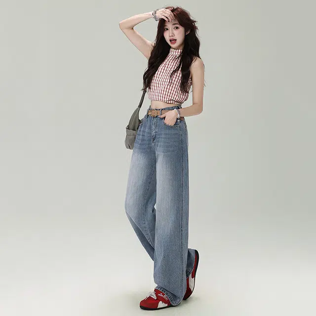 玫丝朵 美式复古高腰宽松直筒裤竹节纹面料简约百搭显瘦舒适休闲牛仔裤 女款