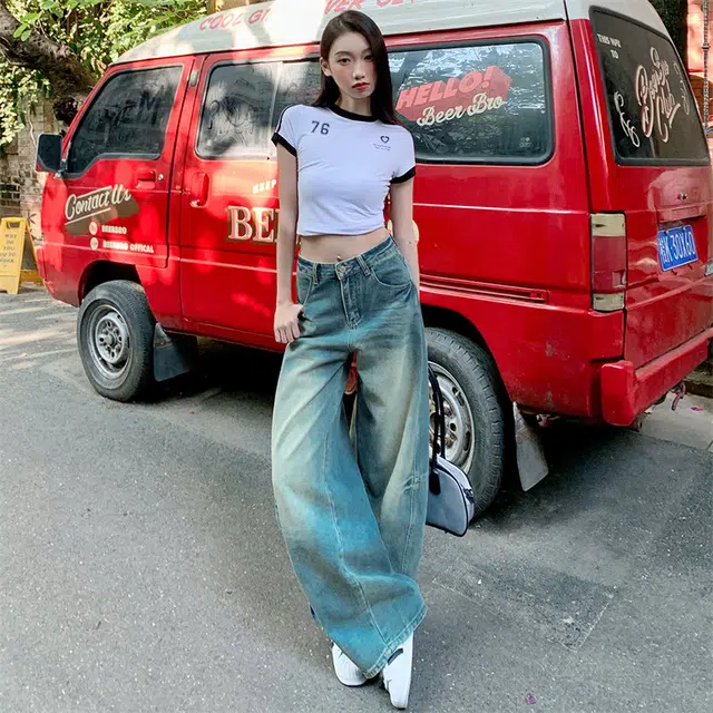 玫丝朵 美式重工拼接扎花宽松弯刀裤慵懒镰刀宽松休闲牛仔裤 女款