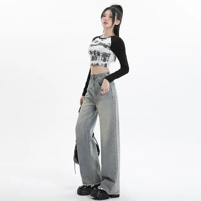 玫丝朵 复古高腰拉链宽松直筒牛仔裤 女款 怀旧蓝