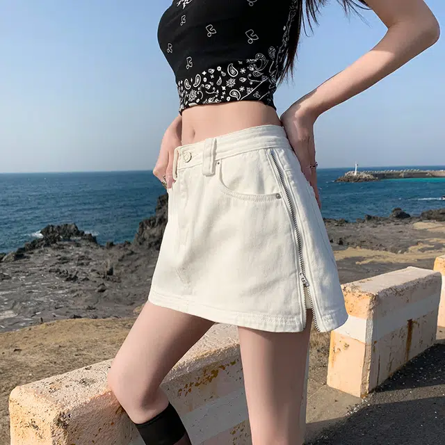 玫丝朵 美式小众侧拉链设计时尚百搭简约牛仔短裙 女款