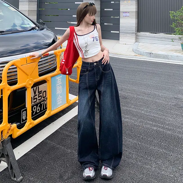 玫丝朵 美式复古刺绣弯刀直筒高腰阔腿宽松牛仔裤 女款