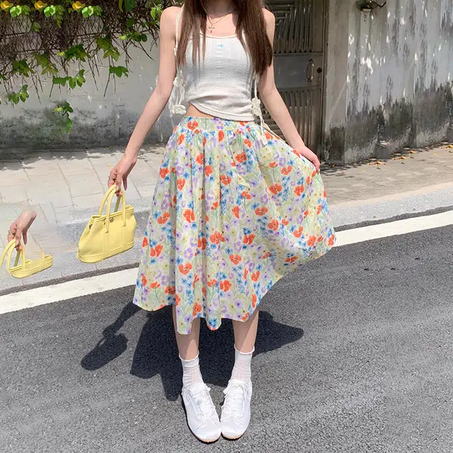 玫丝朵 复古高腰碎花半身裙花卉伞裙百搭百褶法式浪漫休闲长裙 女款