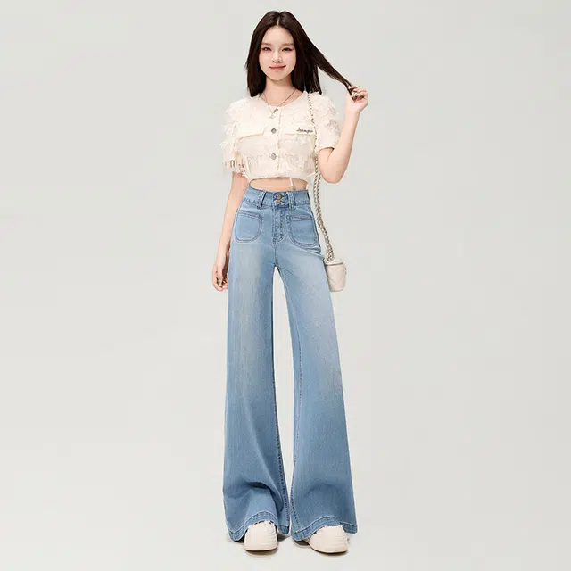 玫丝朵 美式复古时尚百搭舒适慵懒双扣高腰宽松显瘦阔腿拖地 牛仔裤 女款