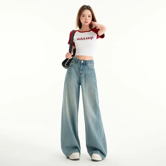 玫丝朵 四季常规高腰百搭时尚宽松显瘦阔腿裤牛仔裤 女款 蓝色