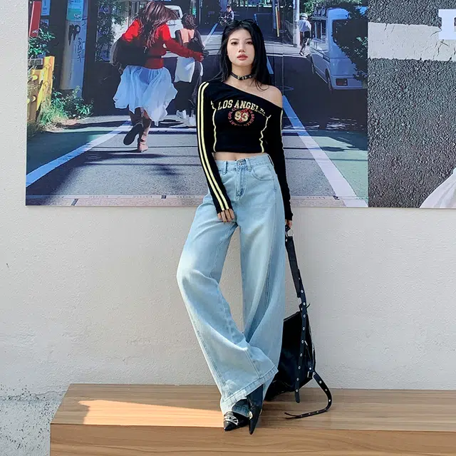 玫丝朵 美式复古做旧简约设计宽松百搭直筒垂感阔腿牛仔裤 女款
