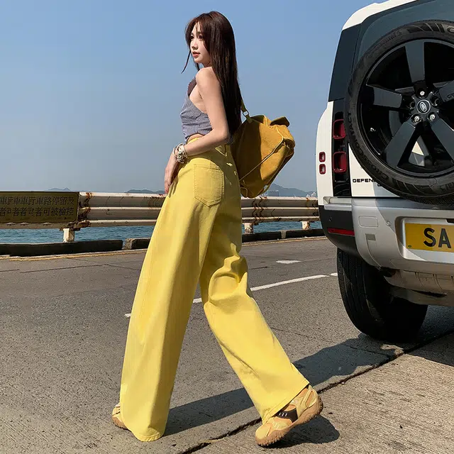 玫丝朵 美式复古百搭宽松褶皱设计阔腿休闲直筒牛仔裤 女款