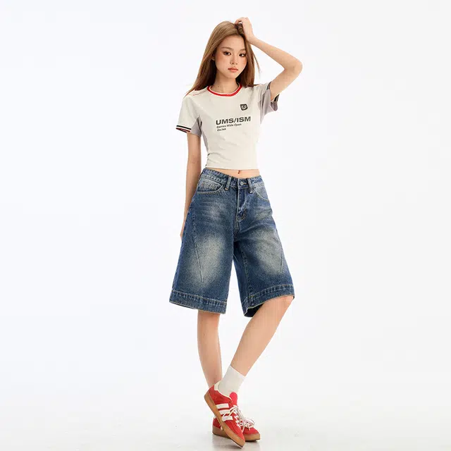 玫丝朵 美式复古时尚简约百搭宽松阔腿牛仔短裤 女款