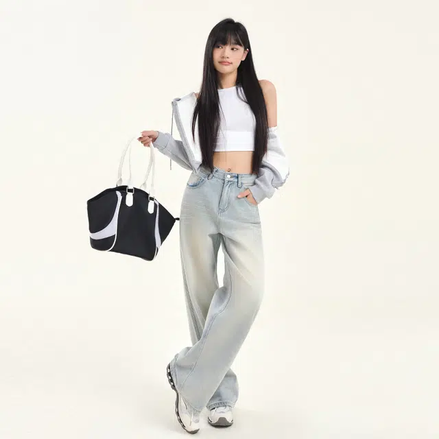 玫丝朵 街头做旧水洗磨破抓痕磨白直筒牛仔裤 女款 浅蓝色