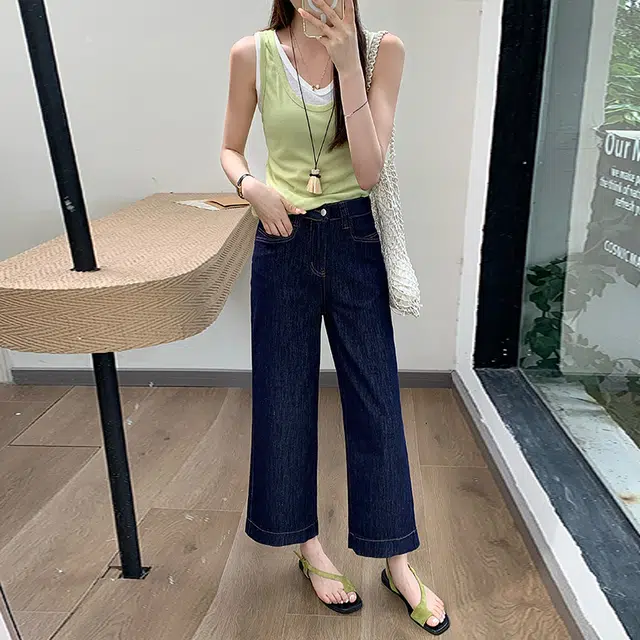 玫丝朵 时尚纯色简约舒适高腰阔腿牛仔裤 女款