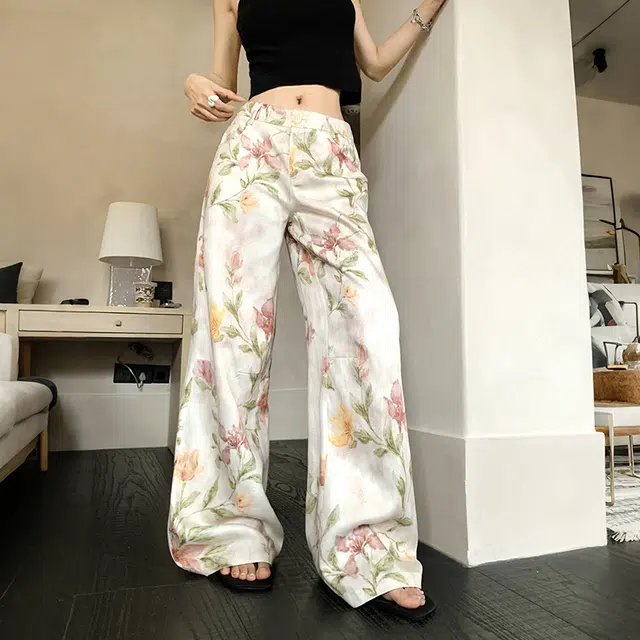 玫丝朵 韩系老钱风松弛感裤子女夏季薄款时尚花卉百搭宽松直筒拖地休闲裤 女款