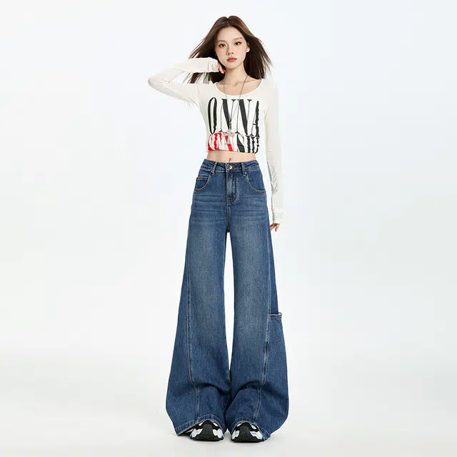 玫丝朵 韩系新潮慵懒风通勤百搭简约立体裁剪侧口袋高腰宽松阔腿牛仔裤 女款