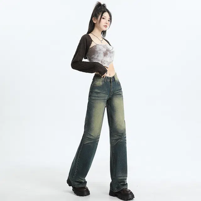 玫丝朵 美式复古怀旧高腰宽松直筒拖地牛仔裤 女款