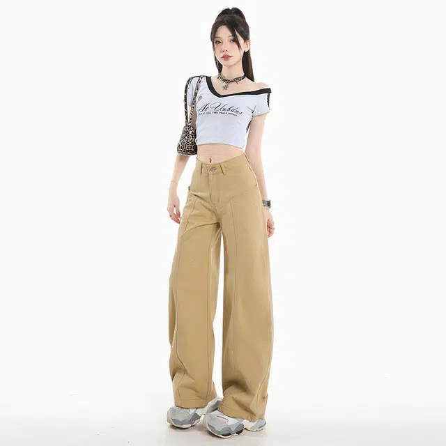 玫丝朵 美式复古高腰宽松弯刀直筒百搭阔腿牛仔裤 女款