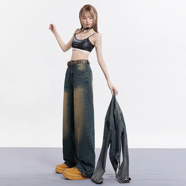 玫丝朵 美式复古做旧设计高腰直筒阔腿拖地牛仔裤 女款 怀旧蓝