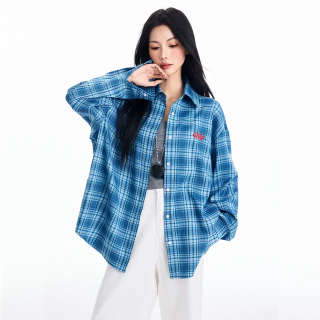 玫丝朵 休闲宽松格子长袖衬衫 女款 蓝色