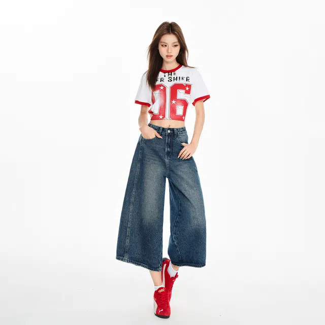 玫丝朵 美式复古做旧质感高腰宽松直筒七分牛仔短裤 女款