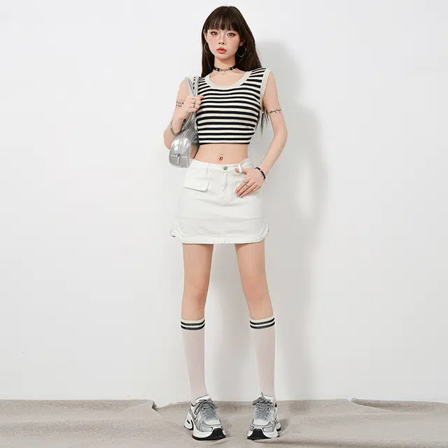 玫丝朵 清新百搭有内衬包臀不规则半身牛仔短裙 女款