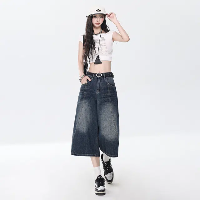 玫丝朵 美式复古高腰宽松七分直筒牛仔短裤  女款