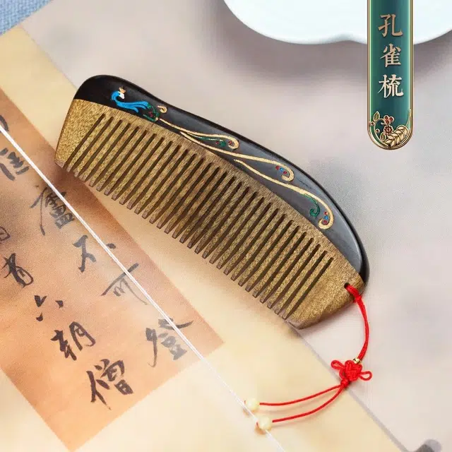 达隆 国风新中式文玩漆艺檀香按摩梳#好运 紫光檀 孔雀木梳 女款