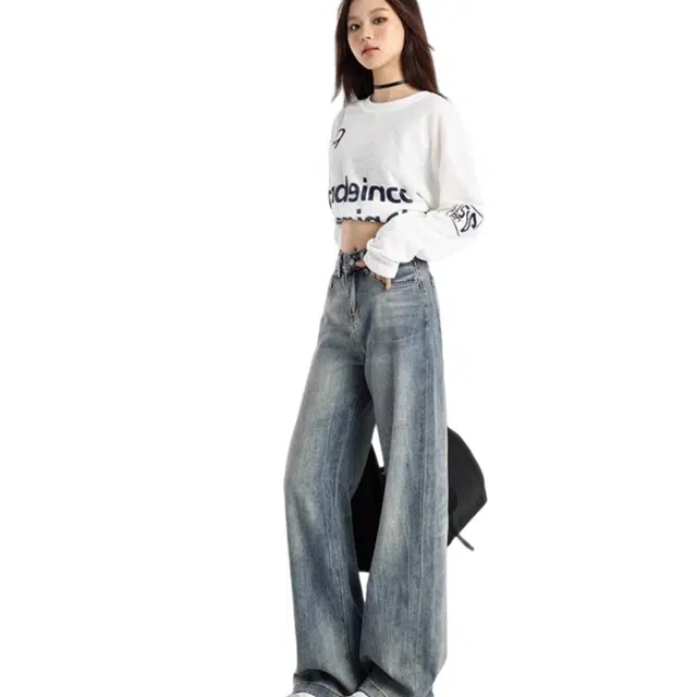 北极绒 美式复古阔腿女春季高腰显瘦垂感宽松慵懒风拖地裤牛仔裤 女款