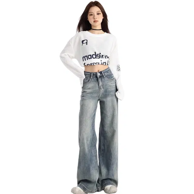 北极绒 美式复古阔腿女春季高腰显瘦垂感宽松慵懒风拖地裤牛仔裤 女款