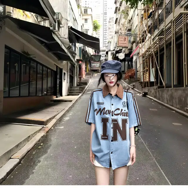 困住大象 美式复古潮牌宽松百搭短袖时尚休闲显瘦大码衬衣纯色简约字母印花单品服饰洗水撞色拼接衬衫 男女同款 藏青色