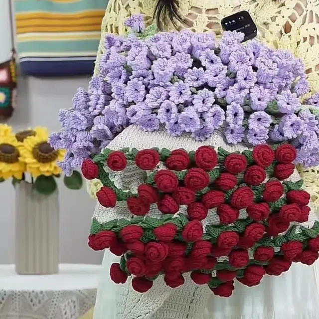纯兔鼠 玫瑰 铃兰花毯子成品 手工钩织编织花束花朵 安抚陪伴 玩具