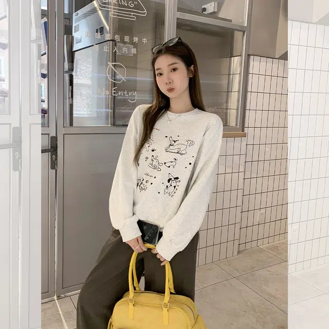 思蓓儿 圆领印花长袖打底衫女秋宽松慵懒风正肩上衣卫衣 女款