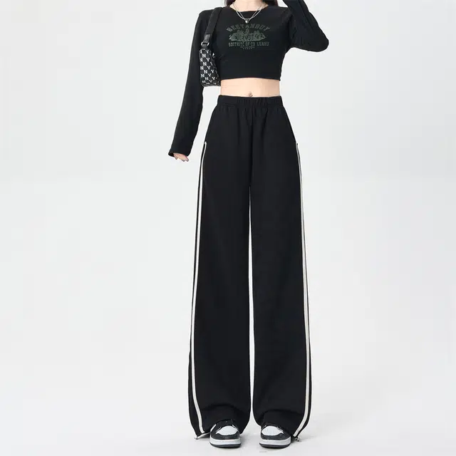 思蓓儿 高腰阔腿显瘦宽松直筒三杠卫裤休闲裤 女款