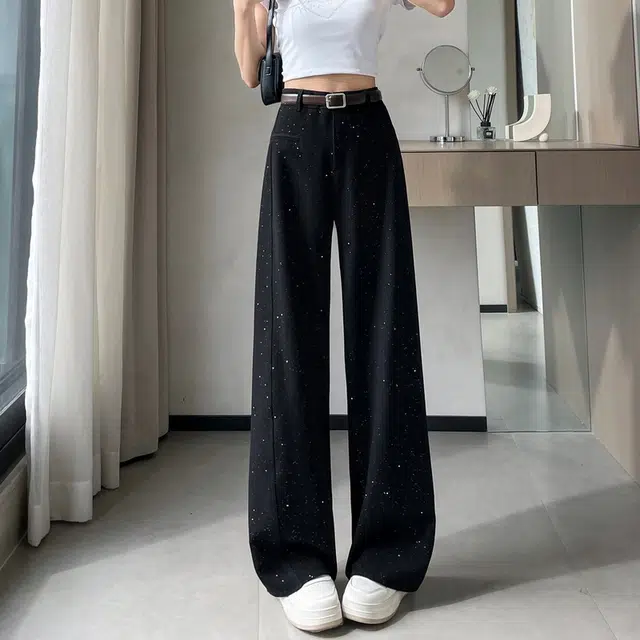 思蓓儿 亮片烫钻西装裤窄版阔腿裤直筒拖地裤休闲裤 女款