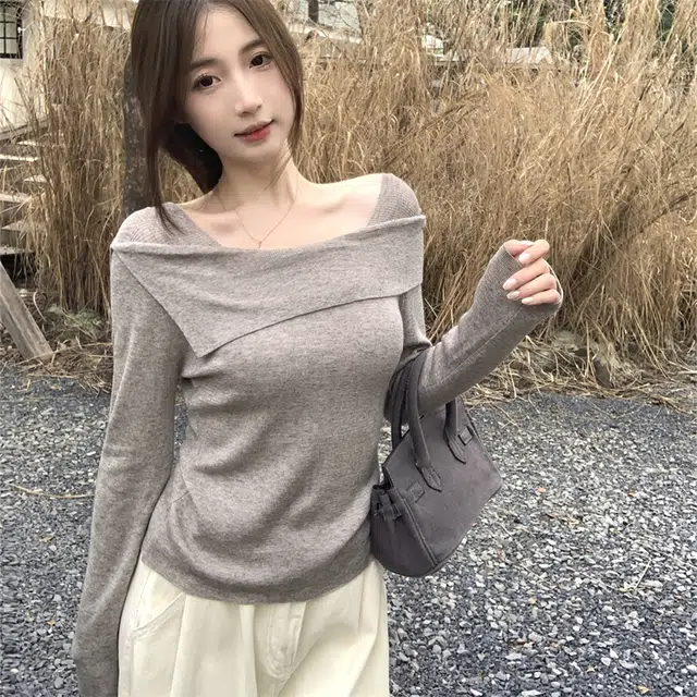 思蓓儿 韩版气质纯欲一字肩百搭长袖内搭针织衫 女款