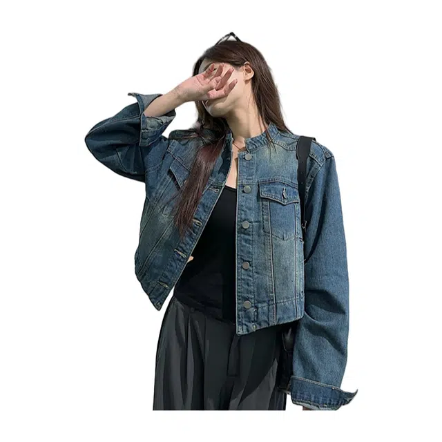 思蓓儿 韩版港风宽松设计感短款小众夹克上衣牛仔外套 女款 牛仔蓝