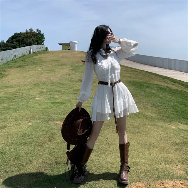 思蓓儿 韩版简约百搭舒适长袖连衣裙 女款 米白色