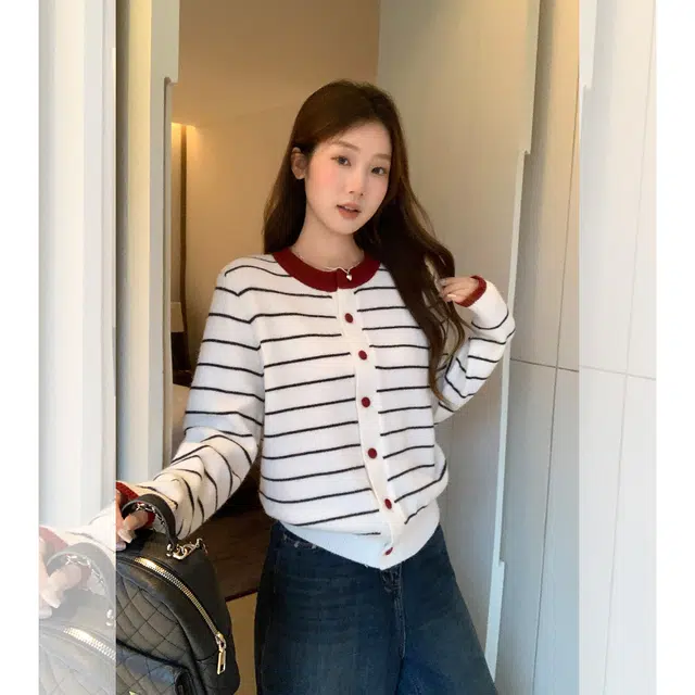 思蓓儿 圆领条纹拼接撞色长袖开衫女秋宽松显瘦外套针织衫 女款