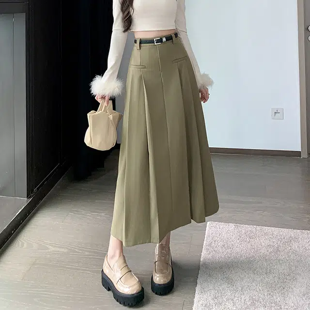 思蓓儿 大摆褶皱遮胯高腰中长款百褶舒适简约休闲长裙 女款