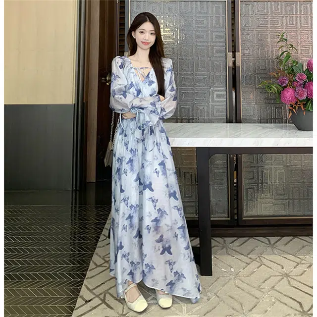 思蓓儿 法式碎花收腰气质长袖连衣裙 女款 蓝色
