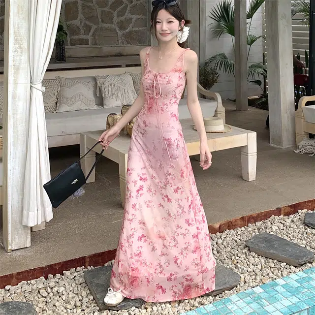 思蓓儿 碎花修身显瘦长裙子吊带连衣裙 女款 蔷薇粉