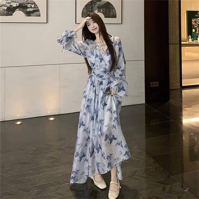 思蓓儿 法式碎花收腰气质长袖连衣裙 女款 蓝色