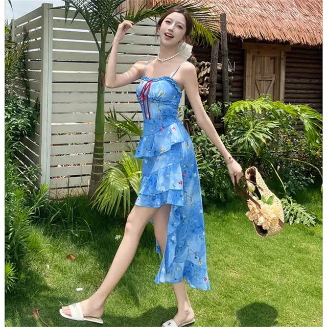 思蓓儿 度假风碎花收腰不规则下摆吊带连衣裙 女款