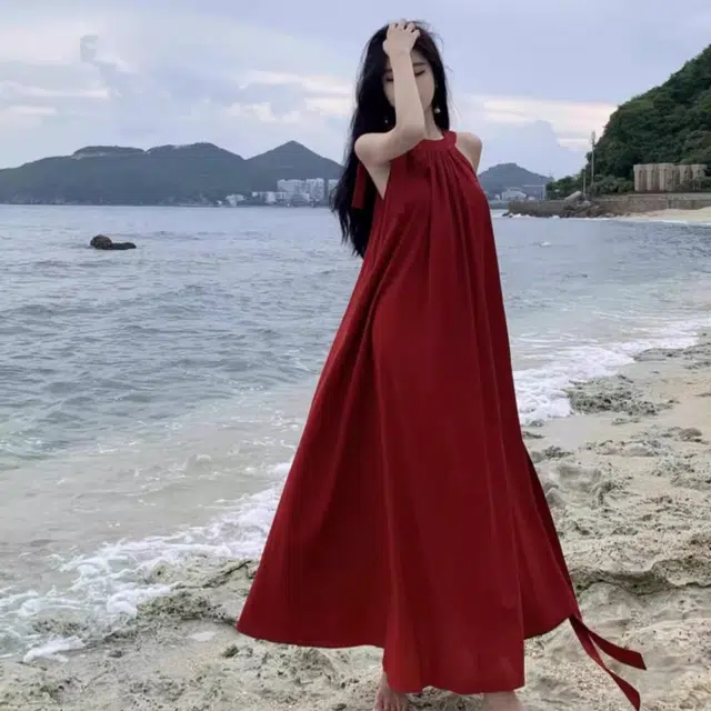 思蓓儿 度假风挂脖海边度假氛围感长裙无袖连衣裙 女款